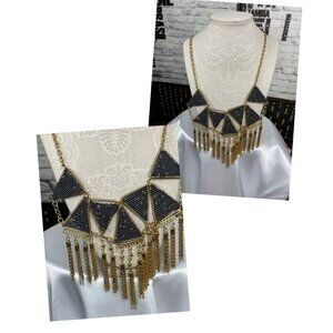 Carol Dauplaise Gold-Tone Navy Triangle Seed Beaded Tassel Statement Necklace